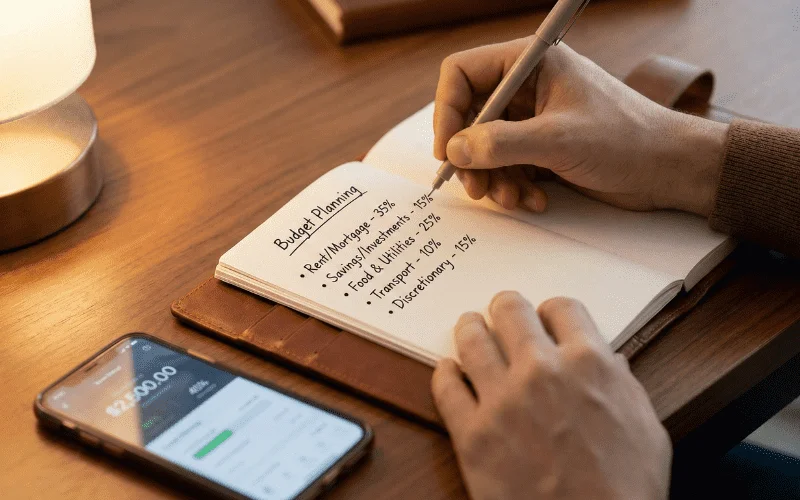 Person plant Budget mit Notizbuch und Stift auf dem Schreibtisch