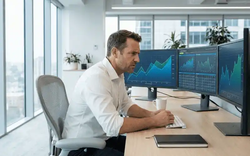 Buchmacher-Analyst berechnet Wettquoten am Schreibtisch mit mehreren Monitoren