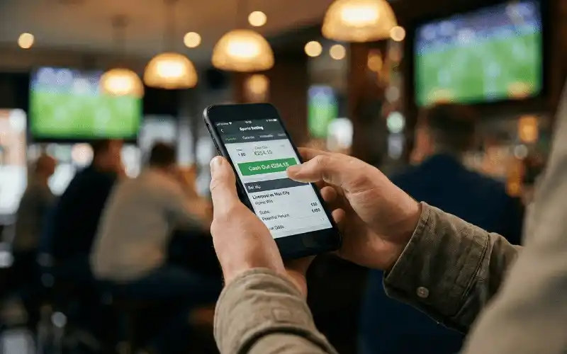 Sportwetter nutzt Cashout-Funktion auf Smartphone w&auml;hrend eines Spiels
