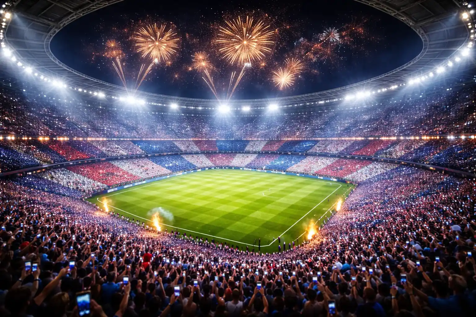 Ausverkauftes Fu&szlig;ballstadion bei einem Champions League Finale bei Nacht