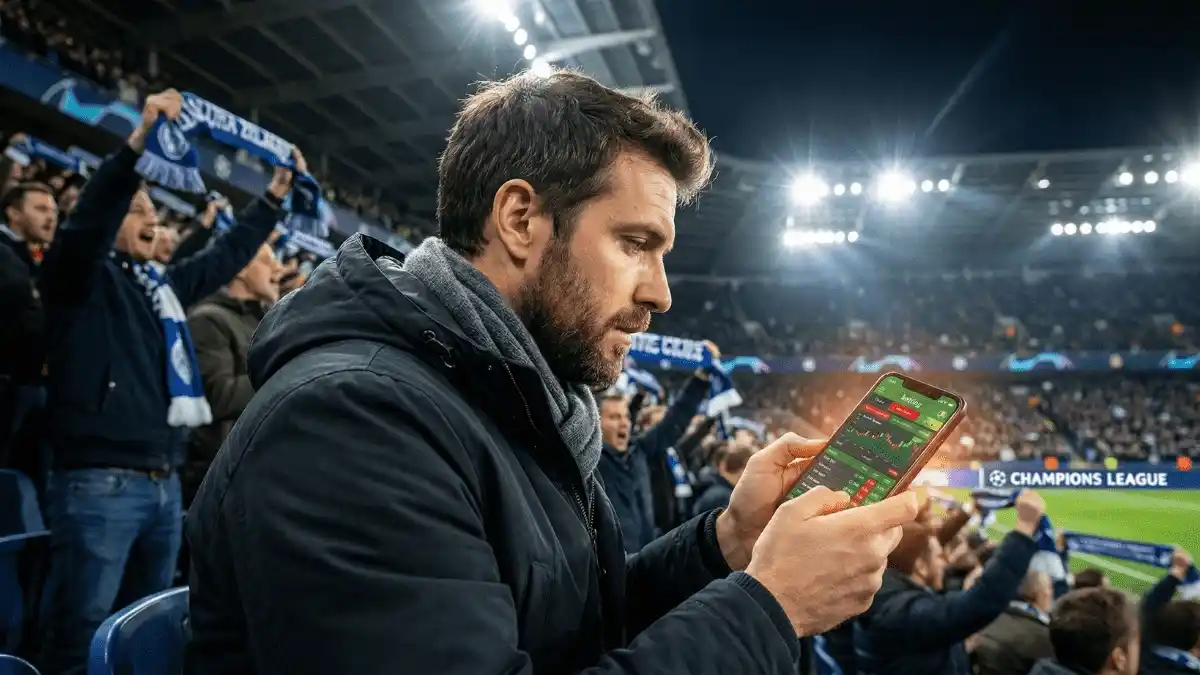 Champions League Live Wetten - Fußballfan verfolgt Spiel auf Smartphone im Stadion bei Nacht
