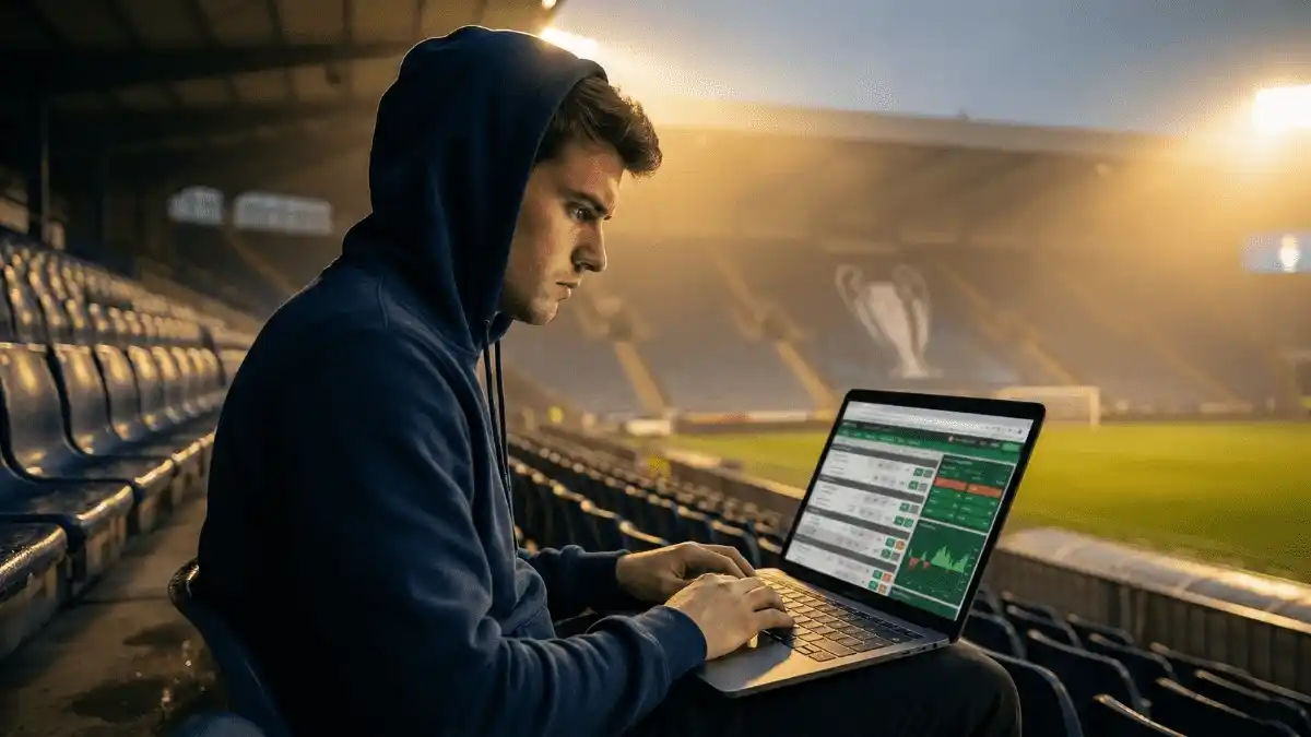 Champions League Quotenvergleich - Fußballfan analysiert Wettquoten auf Laptop im Stadion