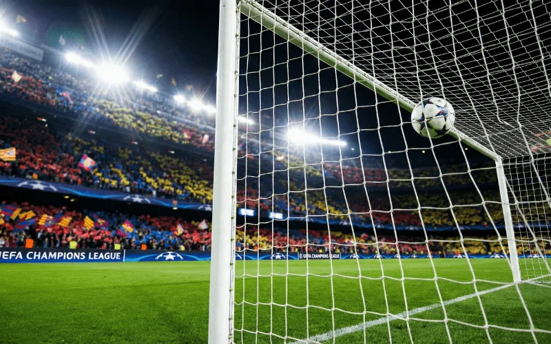 Fu&szlig;balltor im Stadion mit Fans im Hintergrund bei einem Spiel