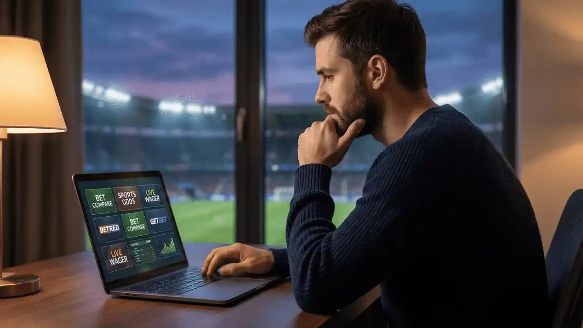 Champions League Wettanbieter Vergleich - Fußballfan wählt Buchmacher auf Laptop mit Stadion im Hintergrund