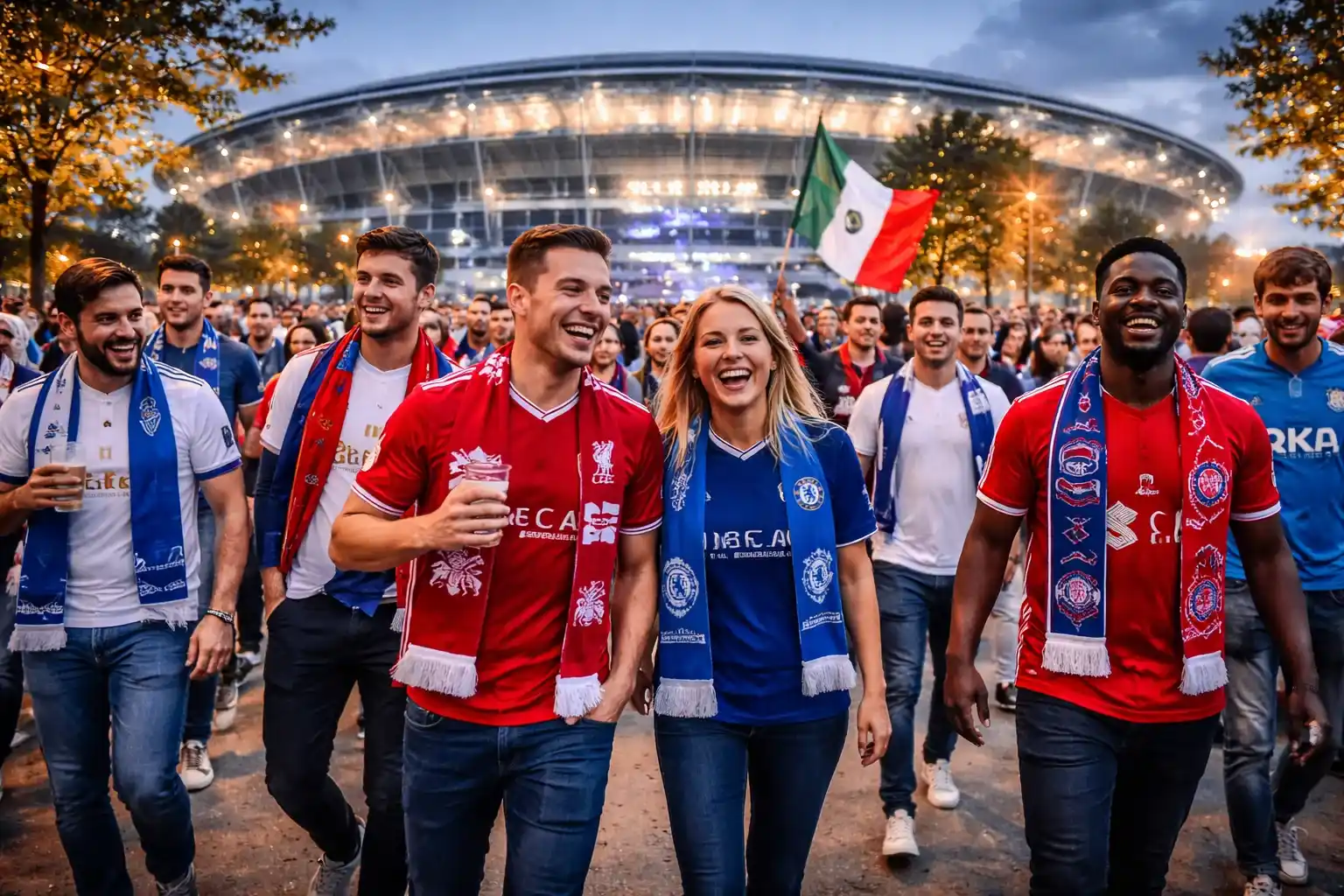 Fu&szlig;ballfans verschiedener Vereine vor gro&szlig;em Stadion bei einem Europapokalspiel