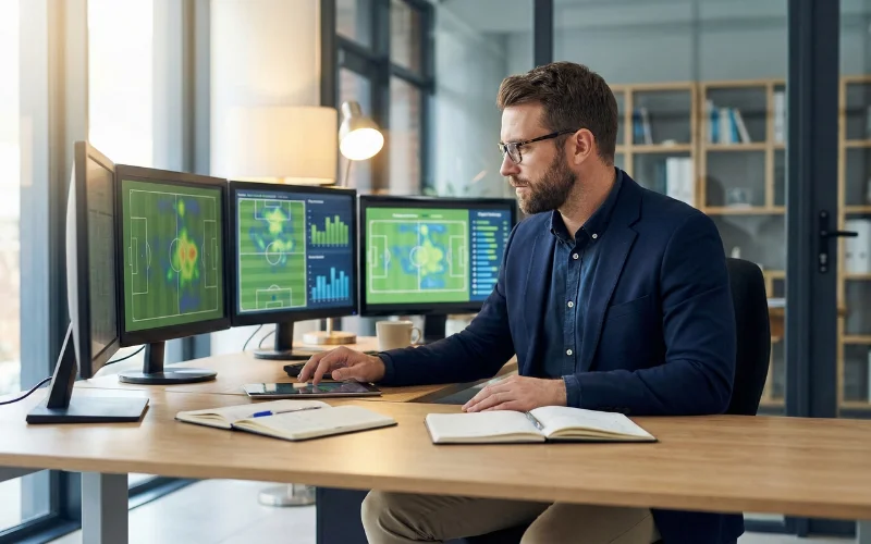 Professioneller Fußballanalyst arbeitet am modernen Schreibtisch mit mehreren Bildschirmen