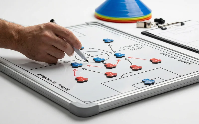 Trainer analysiert Fußballtaktik auf einer professionellen Taktiktafel