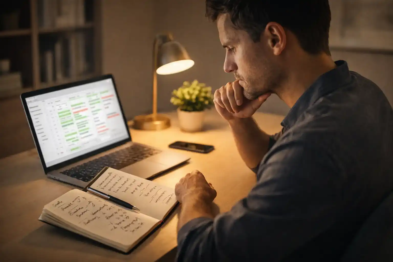 Person plant strategisch mit Notizbuch und Laptop am Schreibtisch