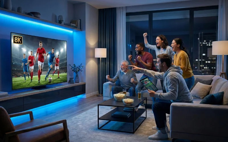 Freunde schauen gespannt ein Champions League Spiel auf dem Fernseher