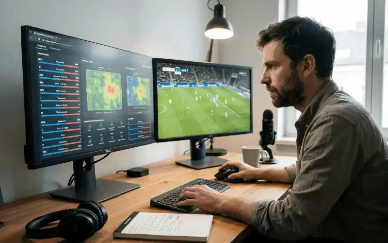 Sportwetter analysiert Live-Statistiken und Daten auf mehreren Bildschirmen
