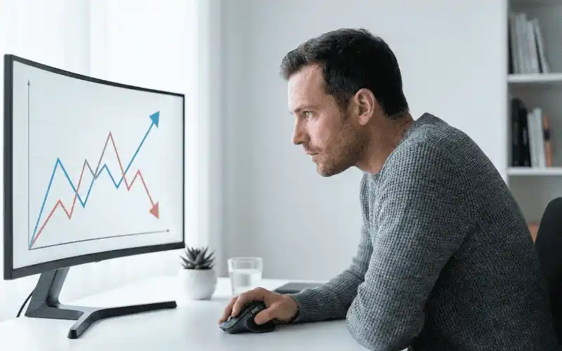 Analyst beobachtet Quotenentwicklung auf gro&szlig;em Monitor mit Aufw&auml;rts- und Abw&auml;rtstrends