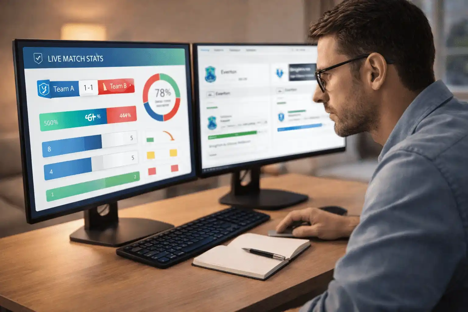 Sportwetter analysiert Statistiken und Daten f&uuml;r Champions League Wetten auf dem Bildschirm