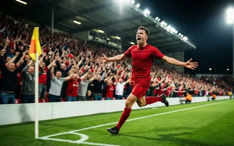 Fu&szlig;ballst&uuml;rmer jubelt nach Torschuss vor begeisterten Fans