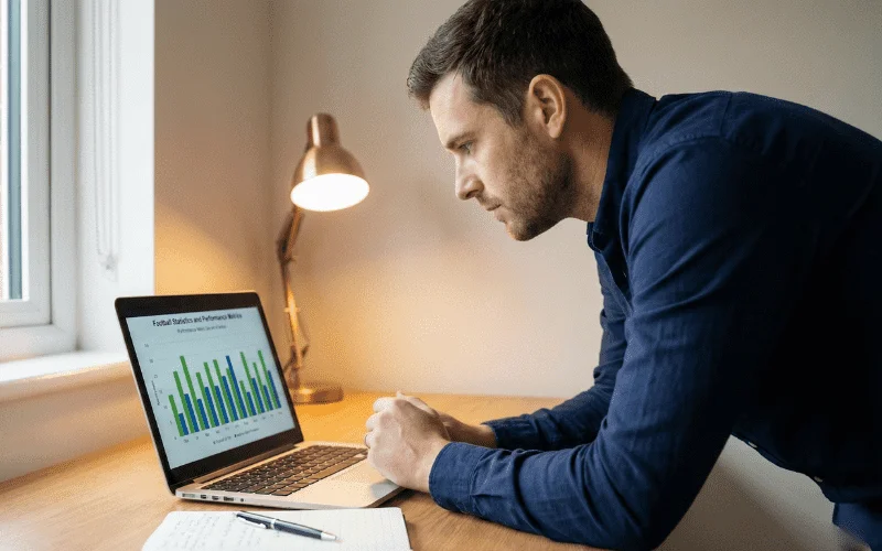 Analyst am Laptop mit Fu&szlig;ballstatistiken und Datenvisualisierung