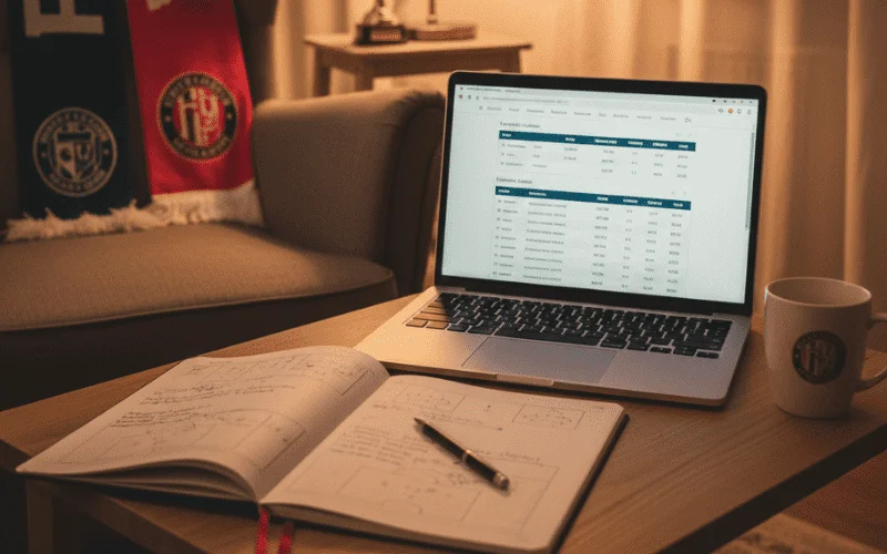 Fokussierte Person recherchiert Fu&szlig;ballligen am Computer mit Notizen