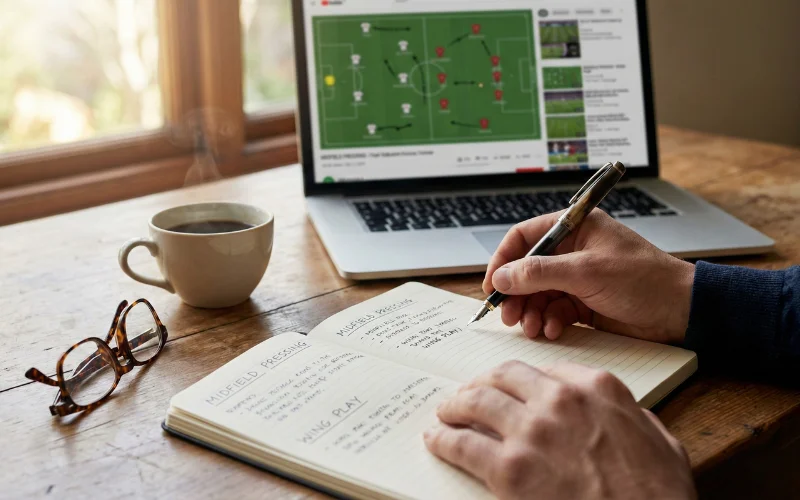 Person macht sich Notizen zur Wettstrategie mit Notizbuch und Laptop