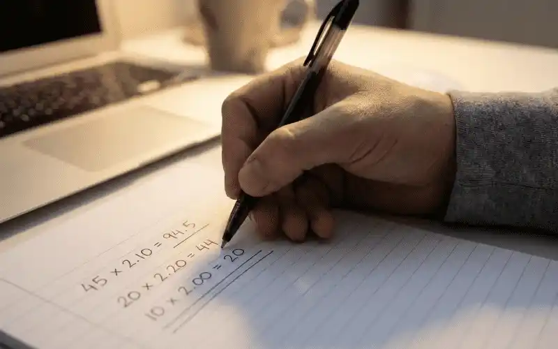 Hand mit Stift macht Berechnungen f&uuml;r Wettgewinne auf Papier